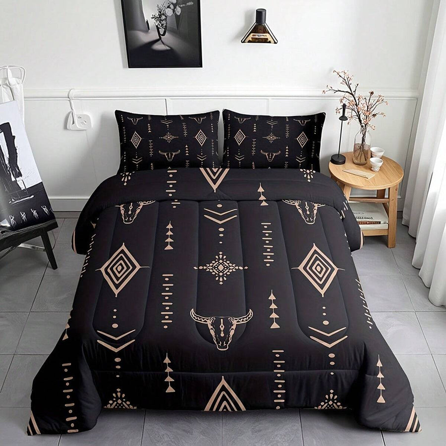 Erosebridal 2/3 Pcs Bull Skull Comforter Set - Boho Bedding Set, Exotic Horns Bohemian Bedding Comforter Sets, Mysterious Symbol Bedroom Decor, Animal Quilt Set, Black Brown Abstract Geometric Bed Set For Men Teens, Soft Comfortable(Microfiber)